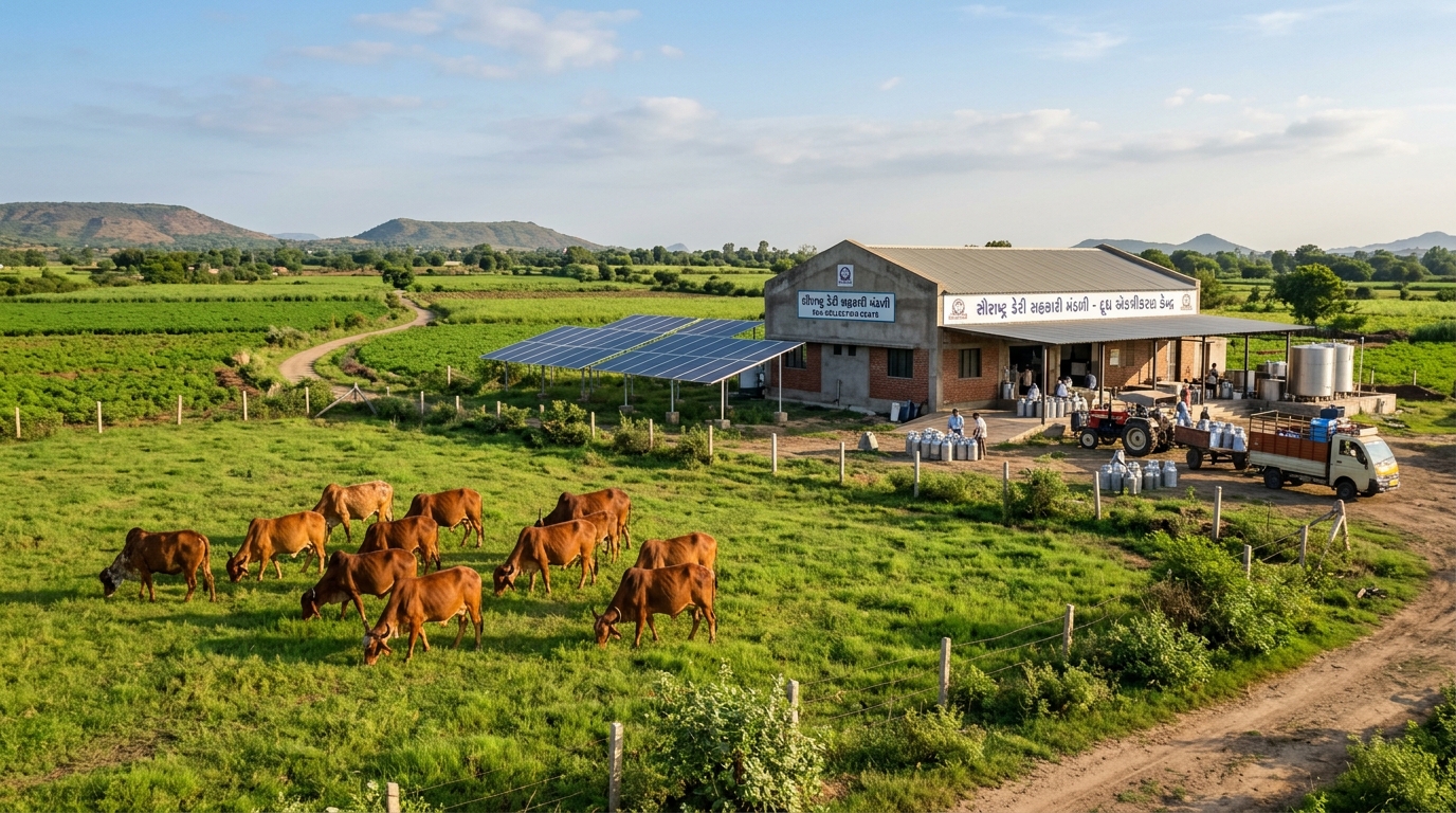 Saurashtra dairy farm landscape with Gir cattle and milk cooperative